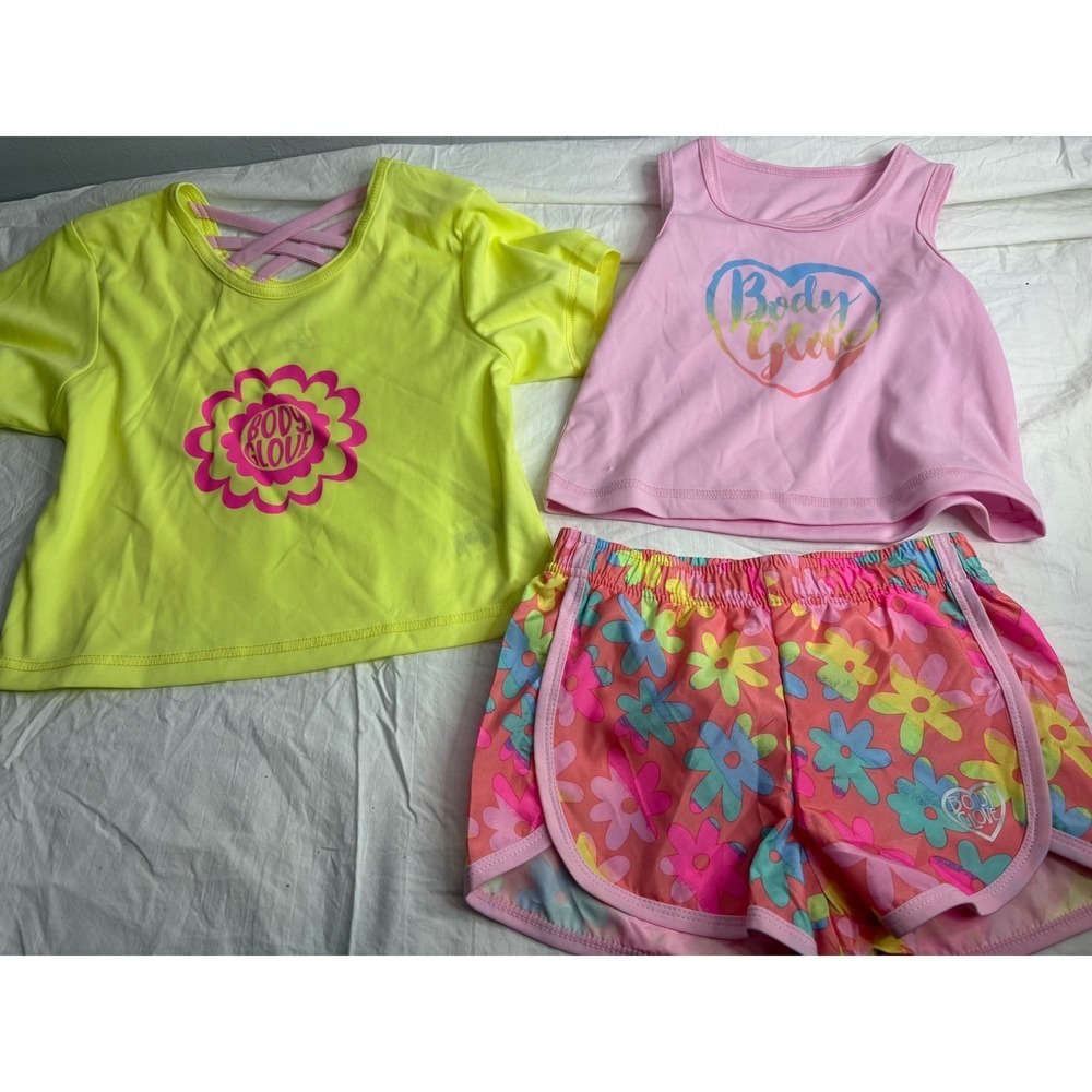Body Glove Kids Girls 3 Piece Athletic Set Neon Yellow Tank Shorts Size 5